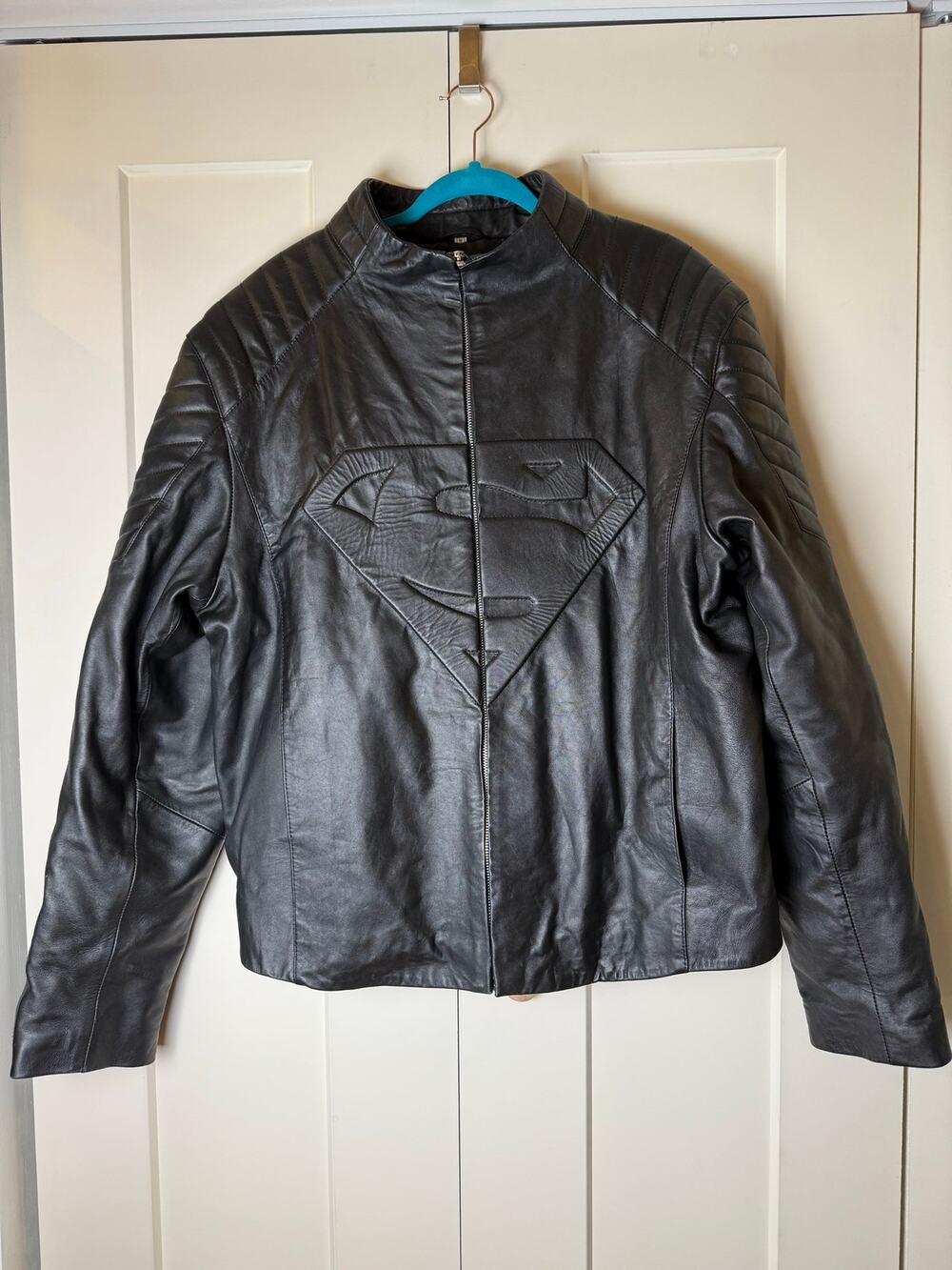 Superman Men’s 2XL Black Real Leather Moto Jacket Smallville Halloween Cosplay